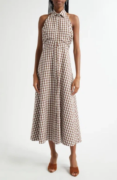 Veronica Beard Mackey Gingham Halter Neck Stretch Cotton Dress In Light Chickory Dove