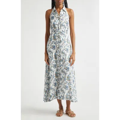 Veronica Beard Mackey Paisley Halter Neck Sleeveless Ramie Shirtdress In Gray