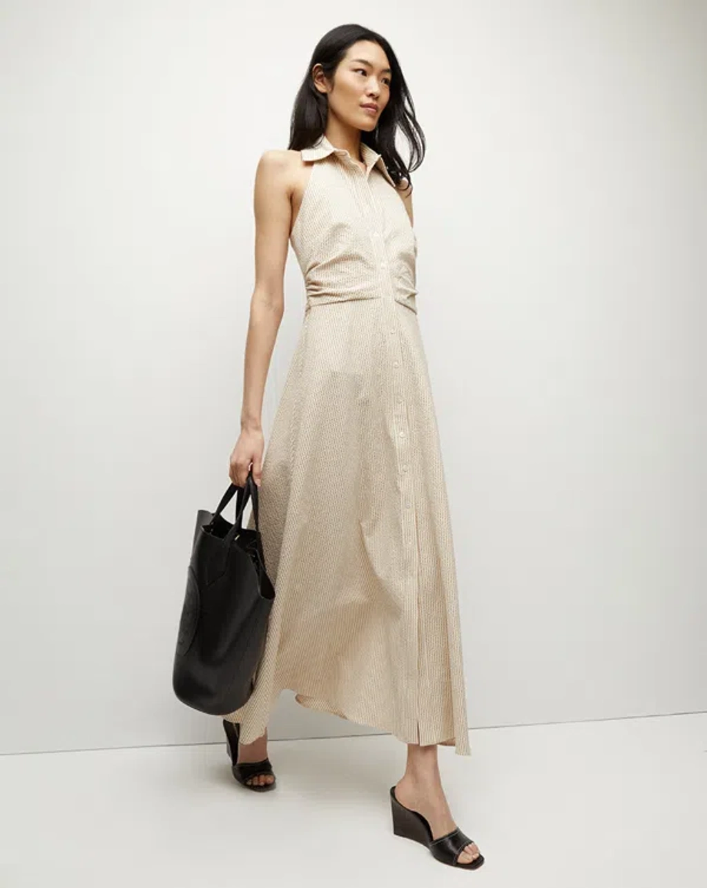 Veronica Beard Mackey Seersucker Halter Dress Khaki White In Khaki/white |  ModeSens