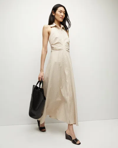 Veronica Beard Mackey Seersucker Halter Dress Khaki White In Khaki/white