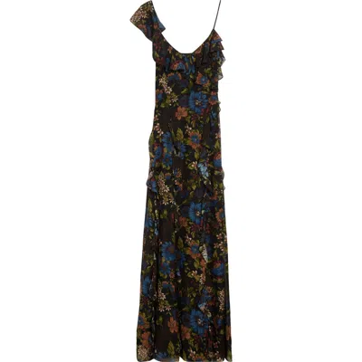 Veronica Beard Madeline Floral Print Ruffle Asymmetric Silk Gown In Multi