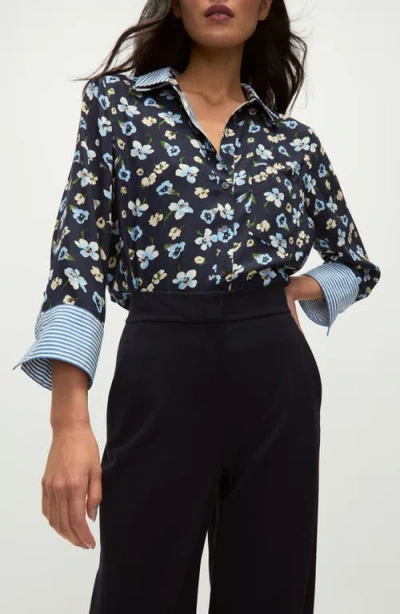 Veronica Beard Maia Mixed Print Double Collar Silk Blend Button-up Shirt In Navy Multi