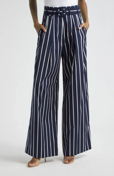 Veronica Beard Maliyah Belted Striped Stretch-cotton Poplin Wide-leg Pants In Navy