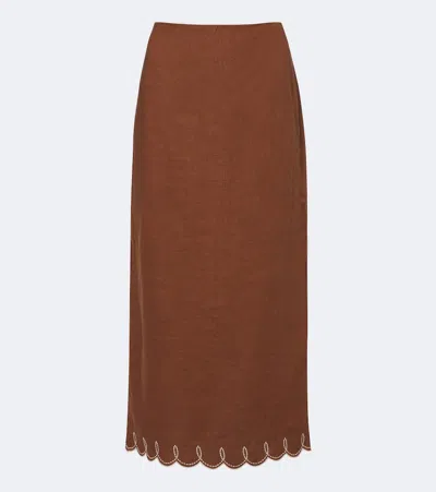 Veronica Beard Malou Embroidered Linen Midi Skirt In Brown