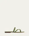 Veronica Beard Marthe Croco Crisscross Buckle Flat Slide Sandals In Green Croc Print Leather