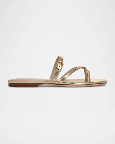 Veronica Beard Marthe Metallic Crisscross Buckle Flat Slide Sandals In Gold