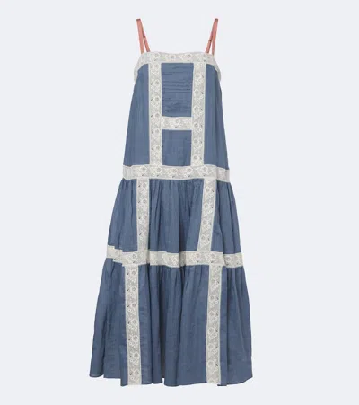 Veronica Beard Mazarine Lace-trimmed Ramie Maxi Dress In Blue