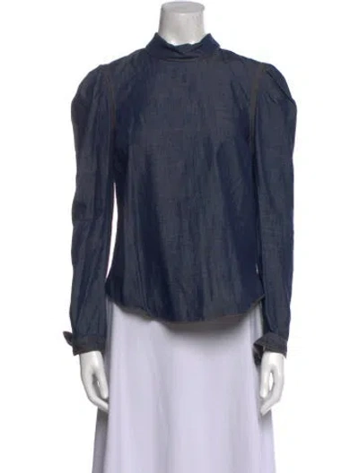 Pre-owned Veronica Beard Mock Neck Long Sleeve Blouse In Blue