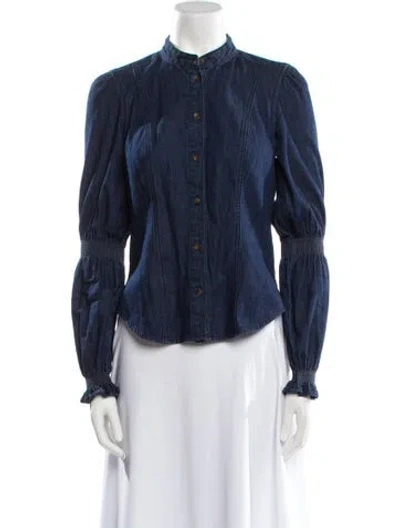 Pre-owned Veronica Beard Mock Neck Long Sleeve Button-up Top In Blue