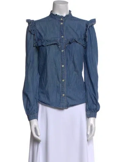 Pre-owned Veronica Beard Mock Neck Long Sleeve Button-up Top In Blue