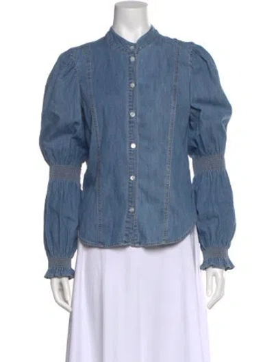 Pre-owned Veronica Beard Mock Neck Long Sleeve Button-up Top In Blue