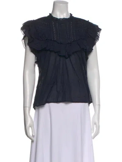 Pre-owned Veronica Beard Mock Neck Short Sleeve Blouse In Blue