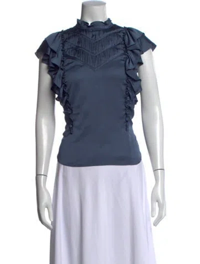 Pre-owned Veronica Beard Mock Neck Short Sleeve Blouse In Blue
