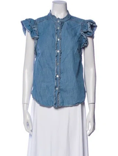 Pre-owned Veronica Beard Mock Neck Short Sleeve Button-up Top In Blue
