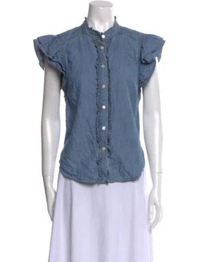 Pre-owned Veronica Beard Mock Neck Short Sleeve Button-up Top In Blue