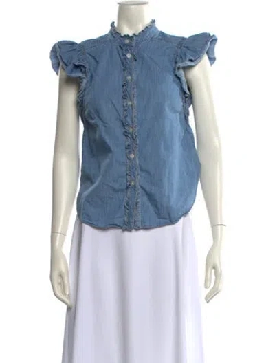 Pre-owned Veronica Beard Mock Neck Short Sleeve Button-up Top In Blue