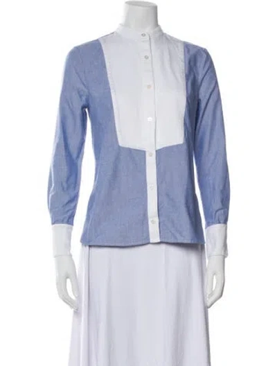 Pre-owned Veronica Beard Mock Neck Three-quarter Sleeve Button-up Top In Blue