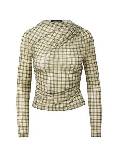 Veronica Beard Nuvina Check-print Ruched Top In Green