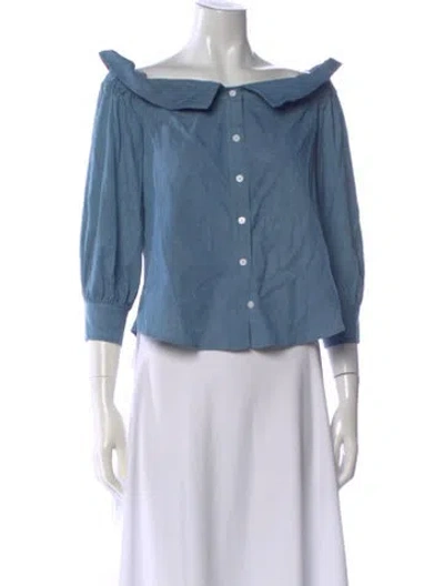 Pre-owned Veronica Beard Off-the-shoulder Three-quarter Sleeve Button-up Top In Blue