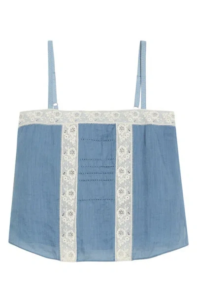 Veronica Beard Olivana Floral Lace Trim Chambray Top In Blue