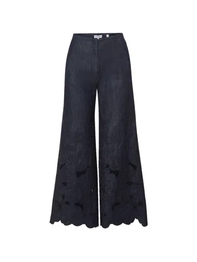 Veronica Beard Osborne Embroidered Chambray Pants In Blue