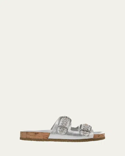 VERONICA BEARD PAIGE METALLIC DUAL-BUCKLE SLIDE SANDALS