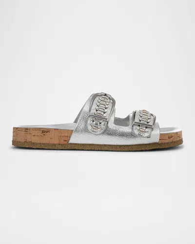VERONICA BEARD PAIGE METALLIC DUAL-BUCKLE SLIDE SANDALS