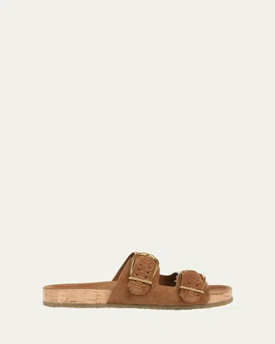 Veronica Beard Paige Woven Suede Dual-buckle Slide Sandals