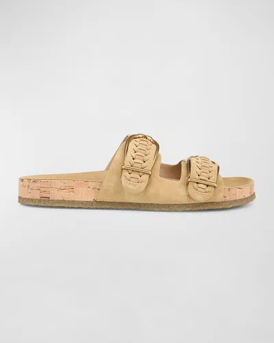 Veronica Beard Paige Woven Suede Dual-buckle Slide Sandals In Desert