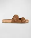 Veronica Beard Paige Woven Suede Dual-buckle Slide Sandals In Hazelwood