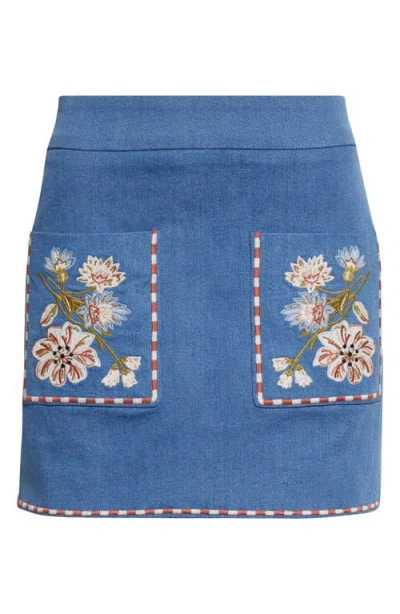 Veronica Beard Pallas Embroidered Pocket Detail Stretch Cotton Skirt In Blue