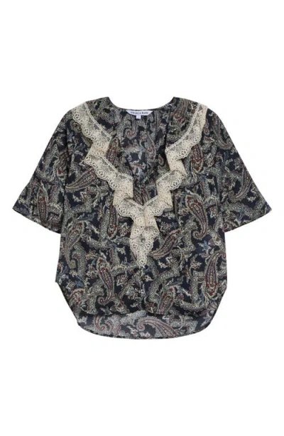 Veronica Beard Pamelis Paisley Ruffle Lace Trim Top In Multi