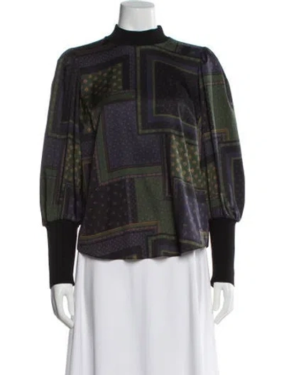 Pre-owned Veronica Beard Patterned Mock Neck Blouse In Green
