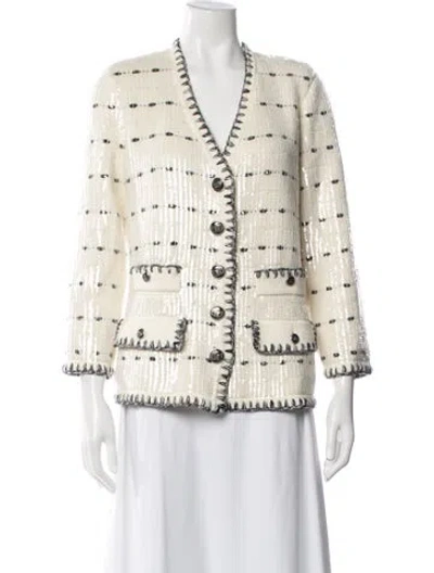 Pre-owned Veronica Beard Patterned V-neck Sweater In White