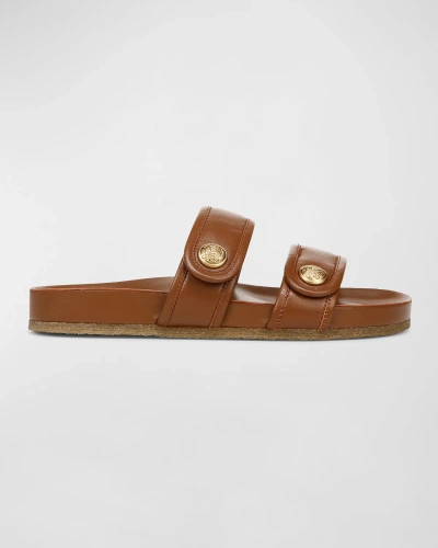Veronica Beard Percey Leather Dual Band Slide Sandals In Caramel