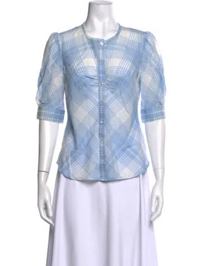 Pre-owned Veronica Beard Plaid Print Crew Neck Blouse In Blue/white