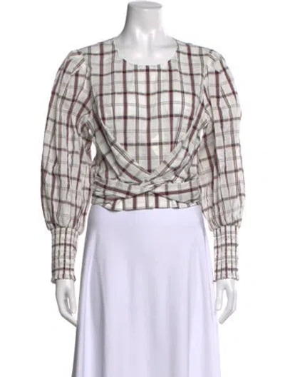 Pre-owned Veronica Beard Plaid Print Crew Neck Blouse In White