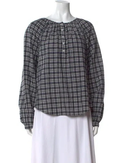 Pre-owned Veronica Beard Plaid Print Crew Neck Button-up Top In Blue