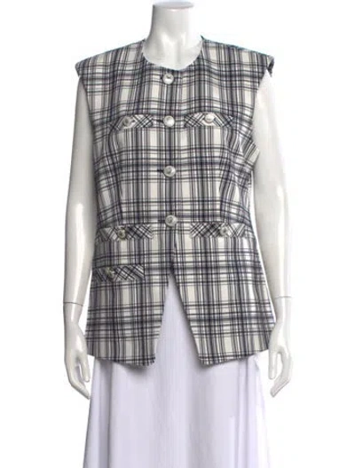 Pre-owned Veronica Beard Plaid Print Crew Neck Top In White