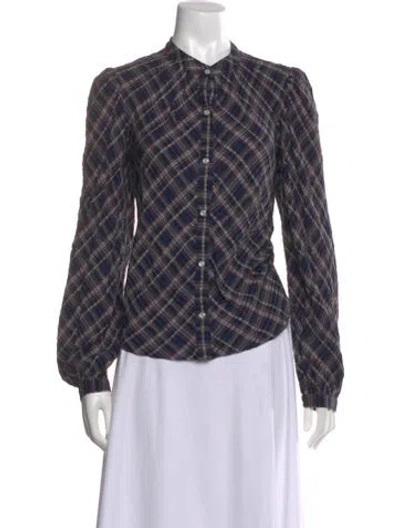Pre-owned Veronica Beard Plaid Print Long Sleeve Blouse In Blue