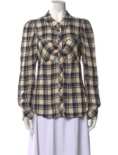 Pre-owned Veronica Beard Plaid Print Long Sleeve Blouse In Blue/neutrals