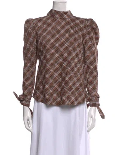 Pre-owned Veronica Beard Plaid Print Long Sleeve Blouse In Brown