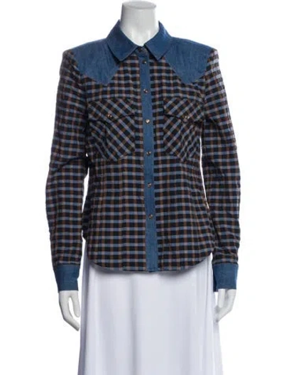 Pre-owned Veronica Beard Plaid Print Long Sleeve Button-up Top In Blue