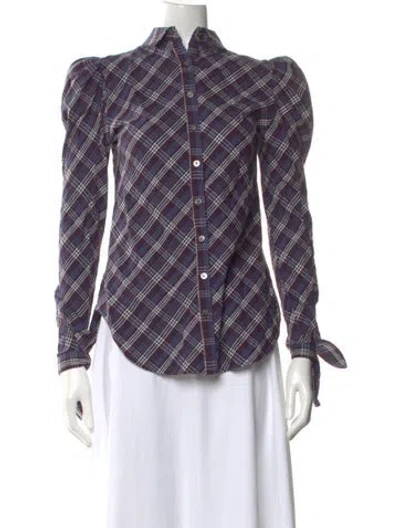 Pre-owned Veronica Beard Plaid Print Long Sleeve Button-up Top In Blue