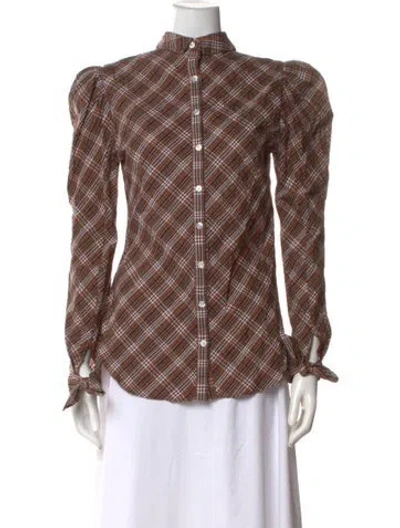 Pre-owned Veronica Beard Plaid Print Long Sleeve Button-up Top In Brown