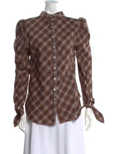 Pre-owned Veronica Beard Plaid Print Long Sleeve Button-up Top In Brown
