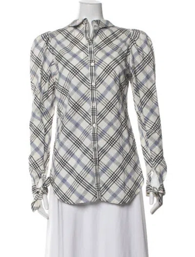 Pre-owned Veronica Beard Plaid Print Long Sleeve Button-up Top W/ Tags In White