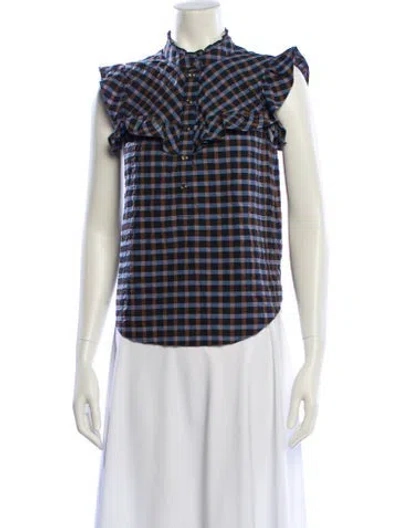 Pre-owned Veronica Beard Plaid Print Mock Neck Blouse In Blue