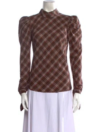 Pre-owned Veronica Beard Plaid Print Mock Neck Blouse In Brown