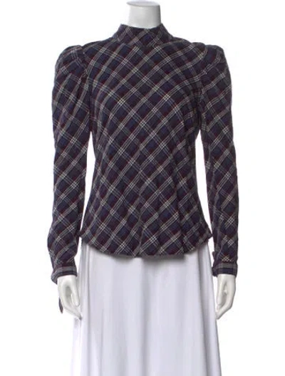 Pre-owned Veronica Beard Plaid Print Mock Neck Blouse In Purple